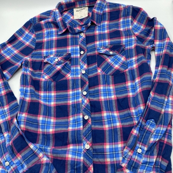 Abercrombie Kids Flannel Button Up Fall Shirt Girls XL Extra Large Pink Blue - Picture 1 of 7